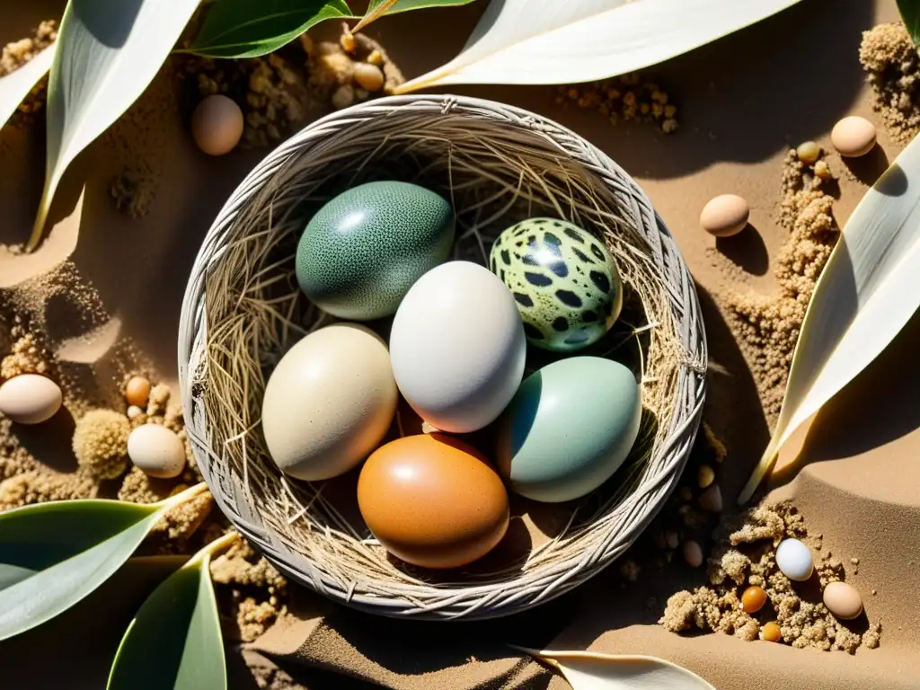 Clutch de huevos de reptil en nido de hojas y arena, bañados por luz solar filtrada entre las hojas
