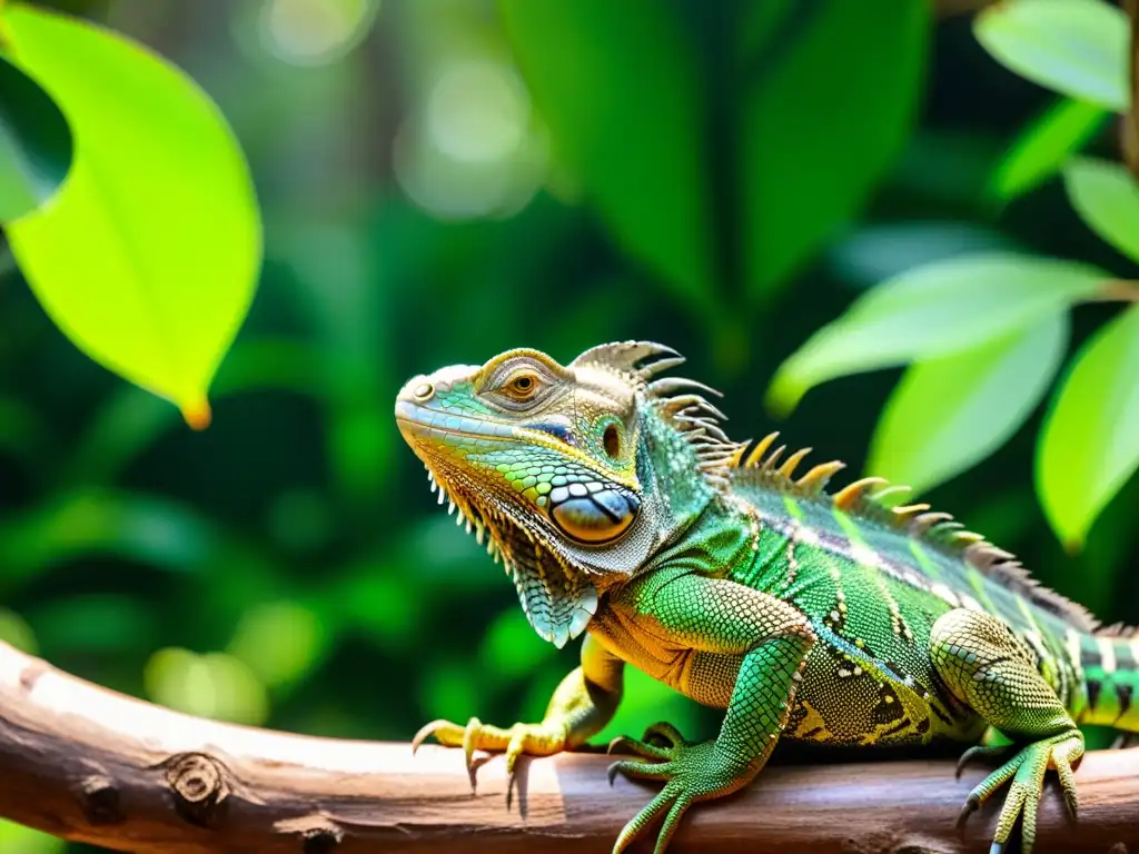 Una iguana exótica posa en un árbol en una selva tropical, mostrando sus vibrantes escamas verdes