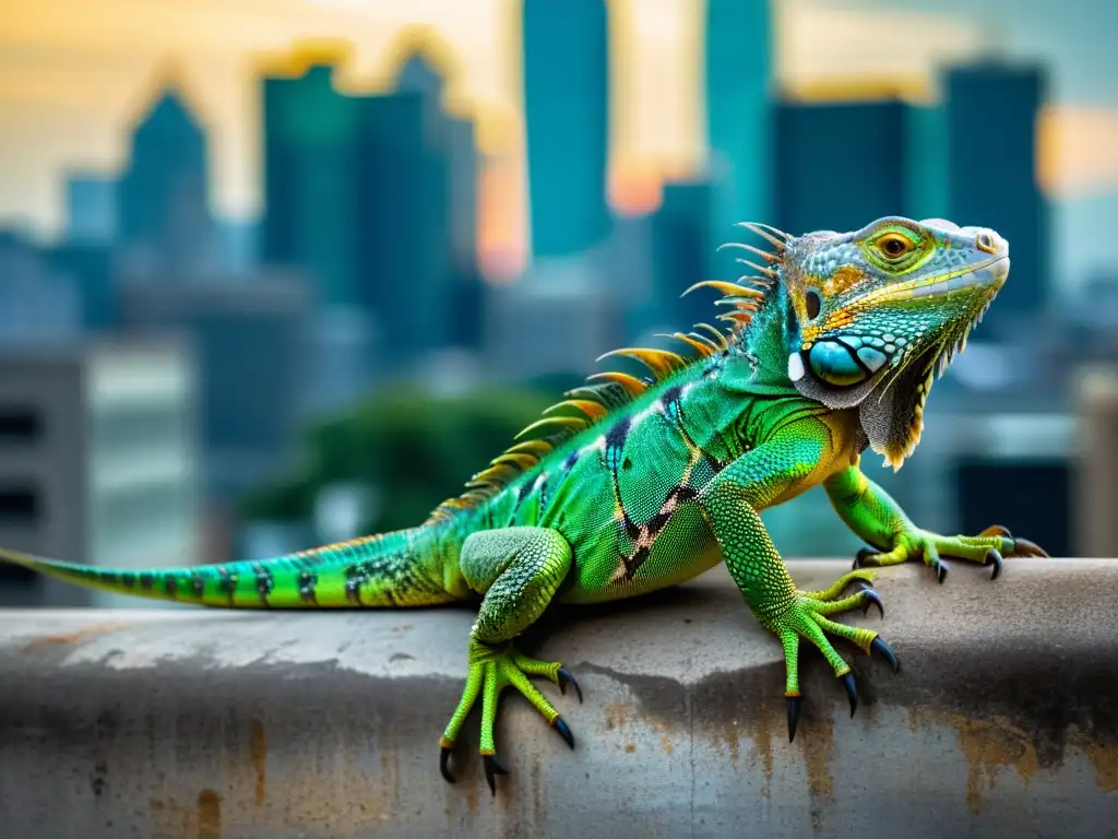 Un iguana exótica en la ciudad: escamas detalladas, ojos alertas, adaptabilidad en entornos urbanos