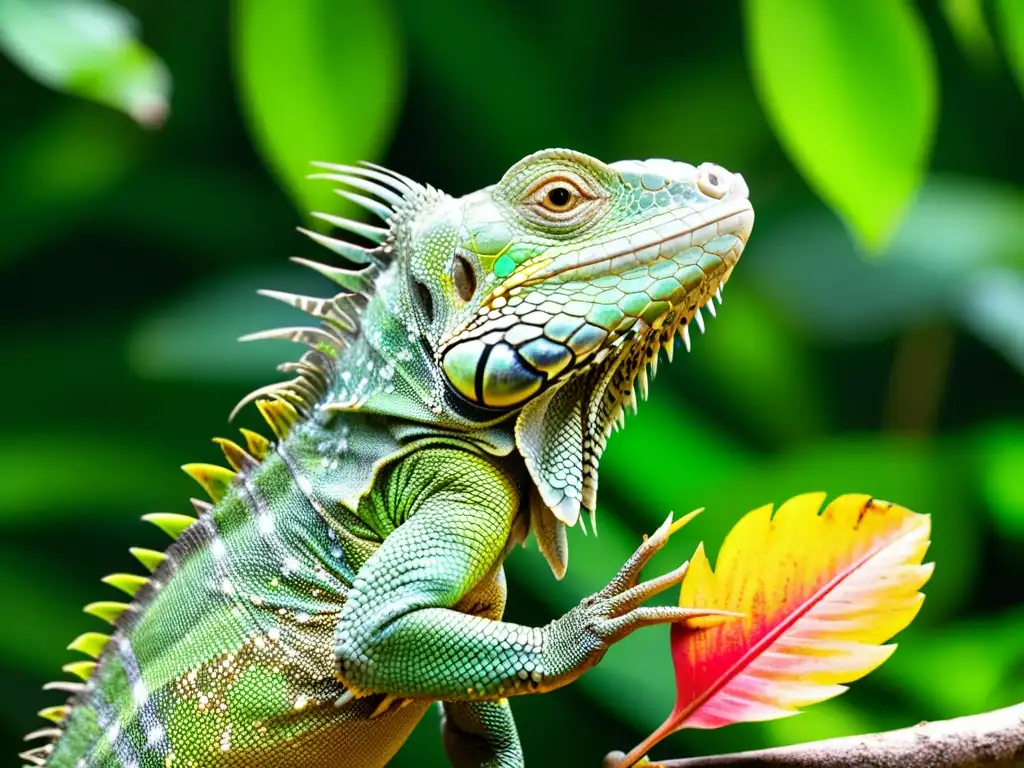 Una iguana en su hábitat natural, seleccionando una hoja en un exuberante bosque tropical