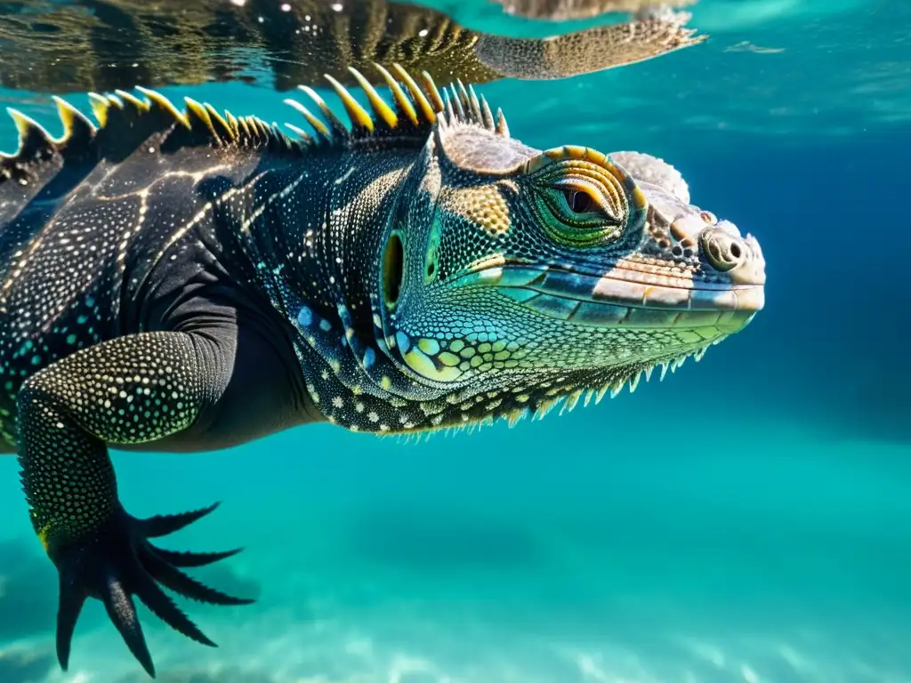 Una iguana marina nada elegantemente en aguas cristalinas, mostrando su cuerpo y patas adaptadas para la propulsión submarina