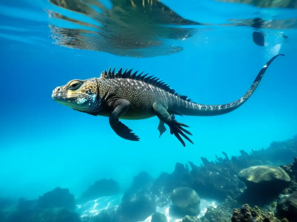 Una iguana marina nada con gracia en el agua, mostrando sus adaptaciones respiratorias reptiles acuáticos en su hábitat único