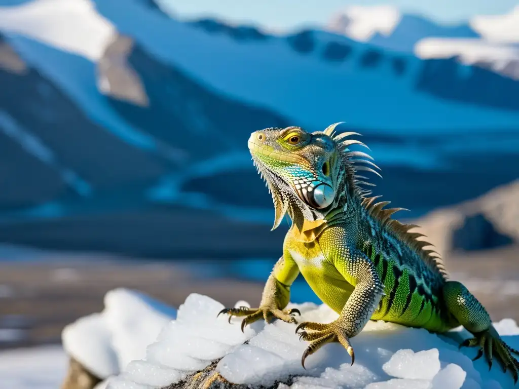 Resplandor polar: Iguana adaptada al frío ártico Una iguana polar se adapta al frío extremo en la tundra, sus escamas brillan con escarcha mientras observa el paisaje ártico