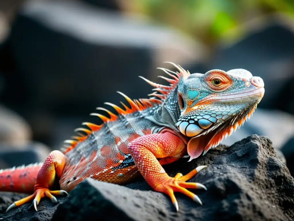 Una iguana rosada de Galápagos descansa sobre una roca volcánica, mostrando su belleza única