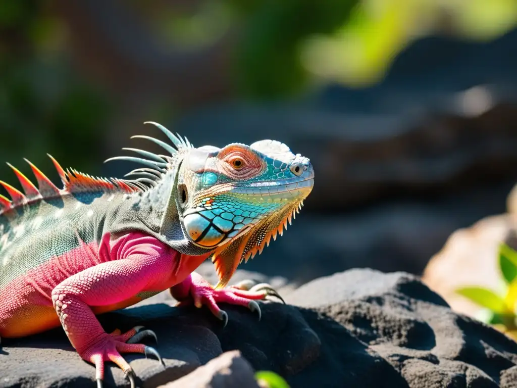 Una iguana rosada de Galápagos descansa en un terreno rocoso, destacando la necesidad de conservación de esta especie