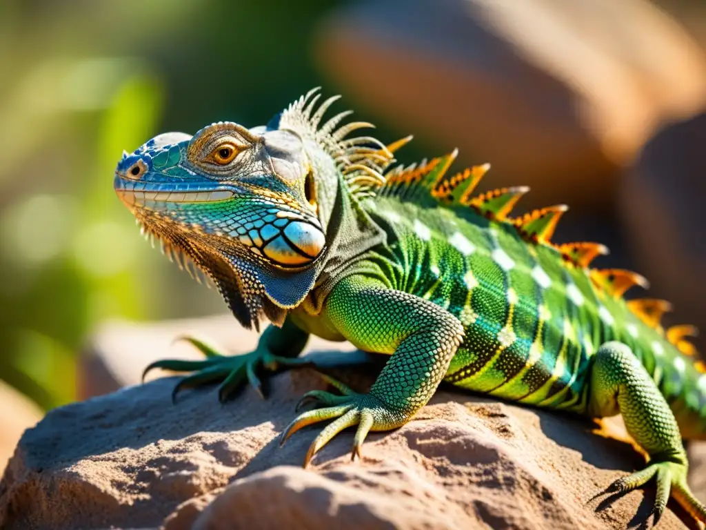 Un iguana tomando el sol en su hábitat natural, mostrando su modelo de supervivencia en reptiles con detalle y coloridos patrones en sus escamas