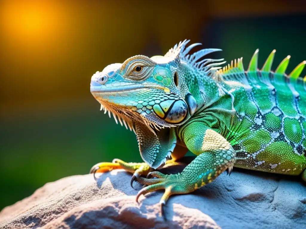 Una iguana verde disfruta del calor de una lámpara bajo termorregulación en reptiles en cautiverio