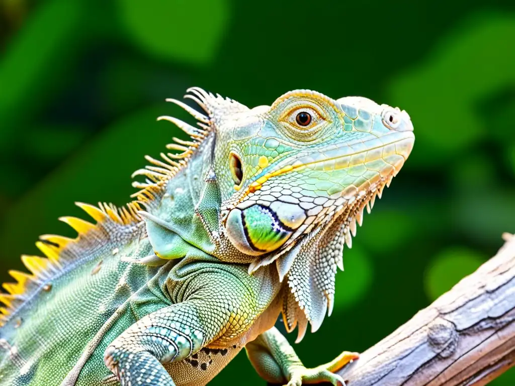 Una iguana verde mira fijamente a la cámara, mostrando sus detalles y texturas