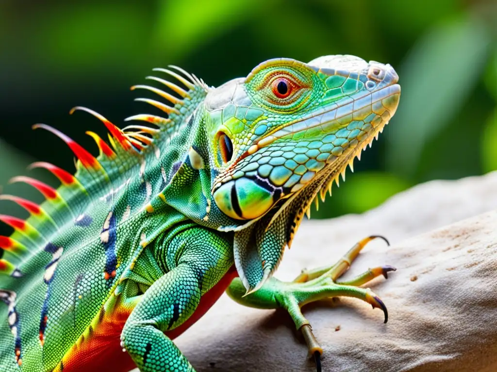 Una iguana verde captura con destreza a un grillo rojo y negro