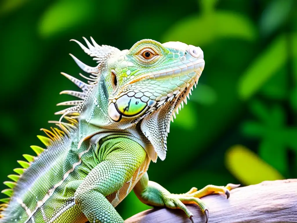 Una iguana verde muestra su dewlap en la selva, revelando estrategias defensivas en reptiles con patrones vibrantes y detalles intrincados en su piel