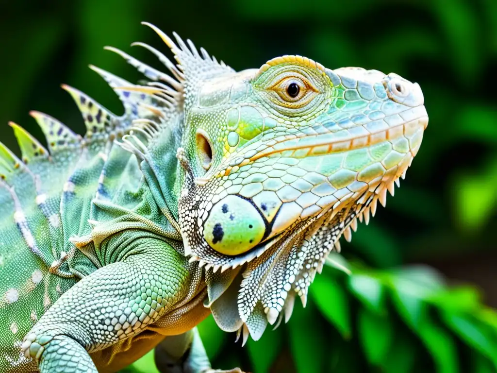 Detalle asombroso: Iguana verde disfrutando de hojas Una iguana verde disfrutando de una dieta herbívora, capturando cada detalle de su alimentación vegetariana con sus afilados dientes y pegajosa lengua