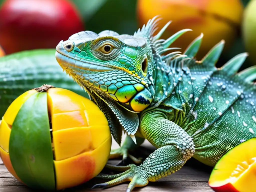 Una iguana verde saboreando una dieta segura para reptiles con frutas y verduras coloridas, capturando un trozo de mango maduro con su larga lengua