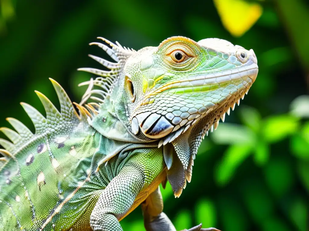 Una iguana verde se camufla entre exuberante follaje, mostrando estrategias de escape y supervivencia en la naturaleza