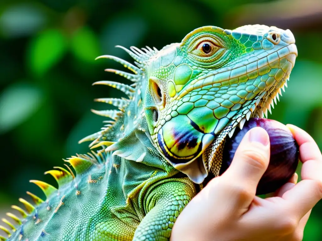 Una iguana verde extiende la lengua para comer una higuera en detalle