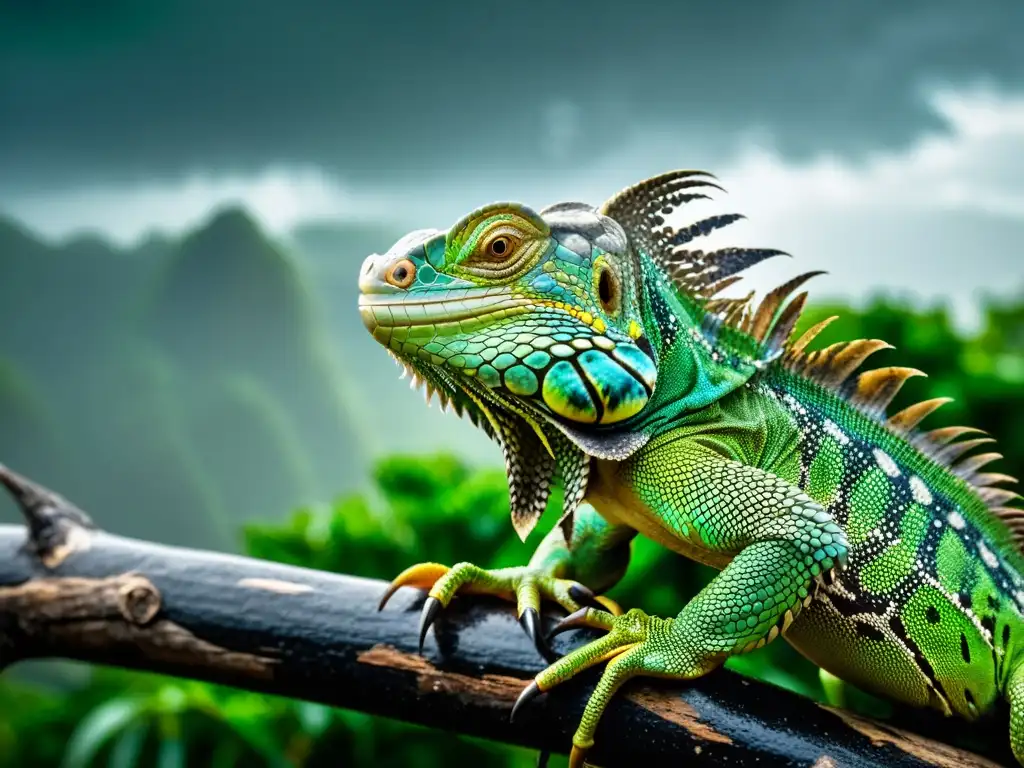 Un iguana verde se aferra a una rama mientras un huracán se desata de fondo, mostrando la resiliencia de los reptiles sobrevivir tormentas huracanes