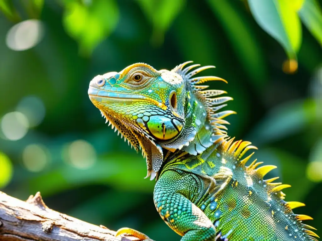 Iguana en la selva: detalle asombroso Una iguana verde descansa en una rama del bosque lluvioso