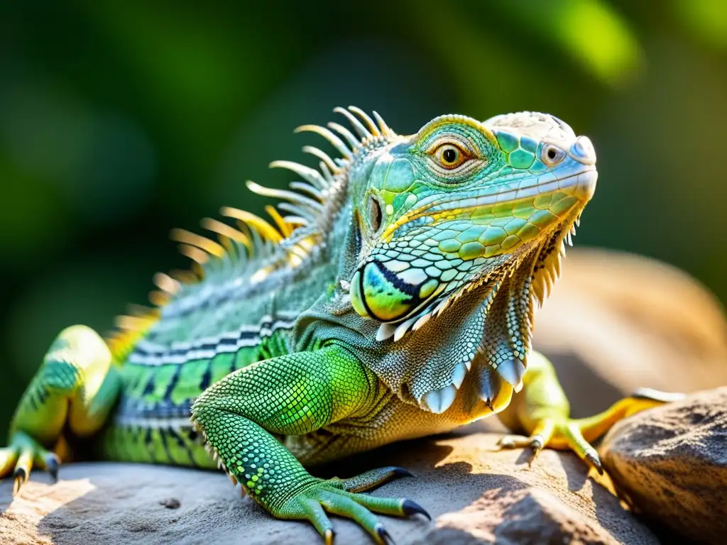 Una iguana verde descansando sobre una roca, con sus escamas detalladas y su ojo con pupila rasgada