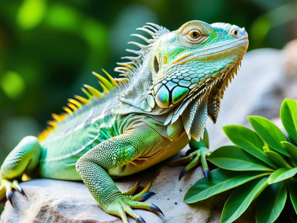 Una iguana verde absorbiendo el sol sobre una roca, resaltando la importancia de ácidos grasos en reptiles con una dieta equilibrada