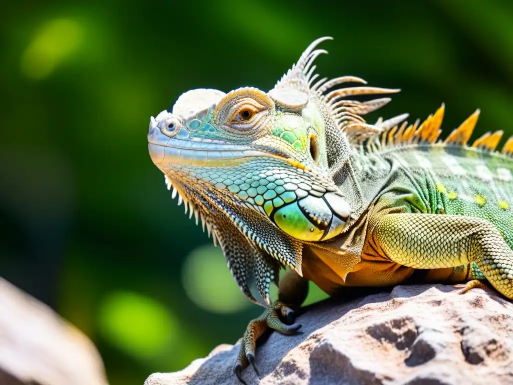 Una iguana verde tomando el sol en una roca, con escamas detalladas