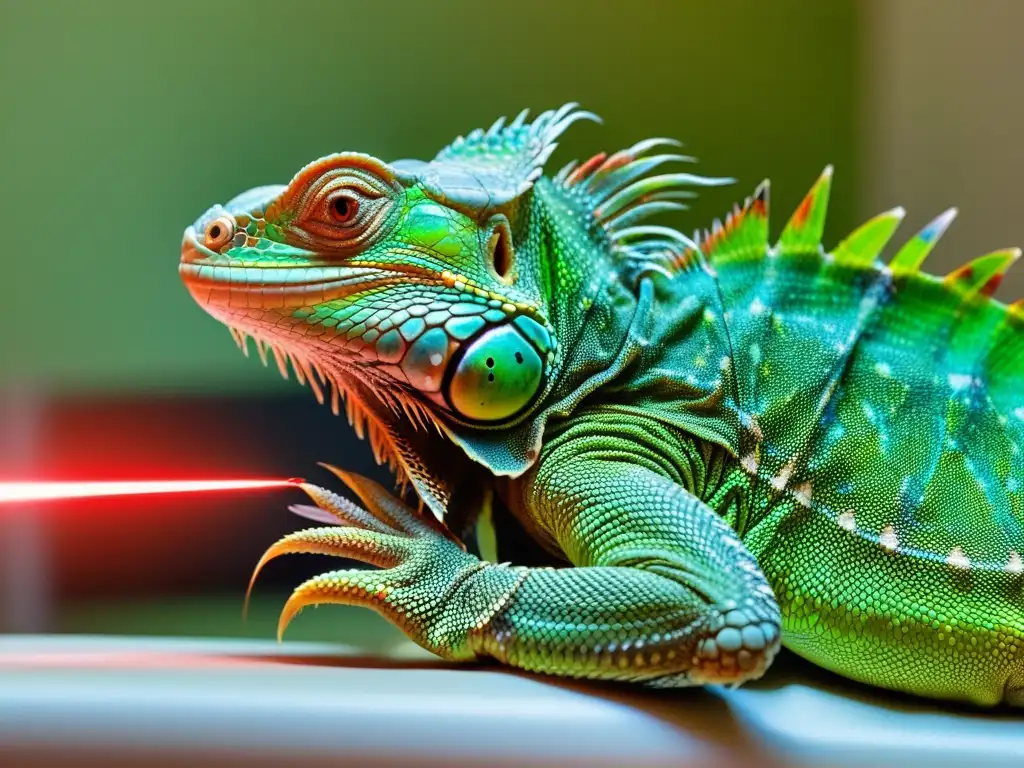 Un iguana verde recibe tratamiento de heridas con tecnología láser en clínica veterinaria, mostrando cuidado y precisión en reptiles