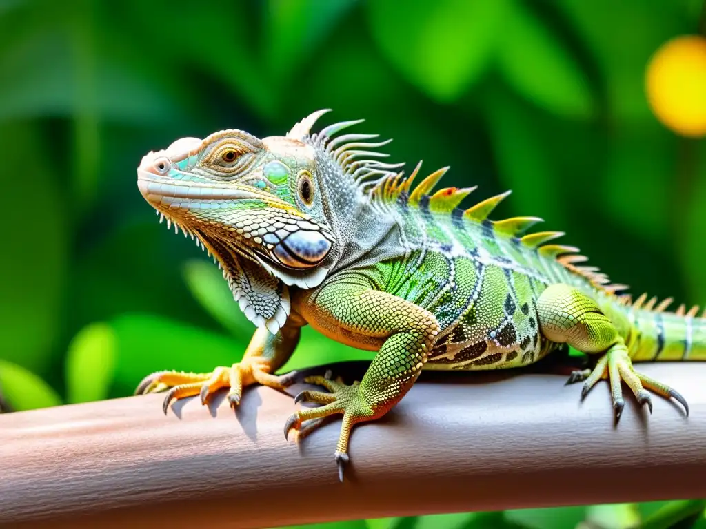 Una iguana verde vibrante disfruta de un ambiente natural con luz cálida