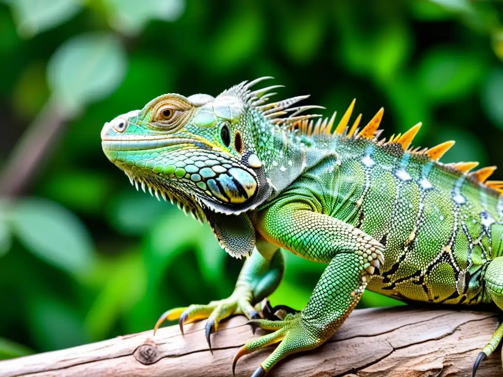 Detalles asombrosos de una iguana verde devorando vegetación Una iguana verde vibrante se alimenta con delicadeza de una pila de hojas frescas en una rama
