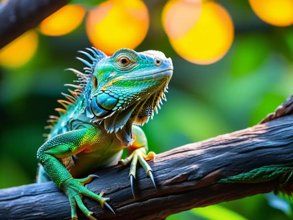 Una iguana verde vibrante se encuentra en su hábitat natural, disfrutando del calor de una lámpara