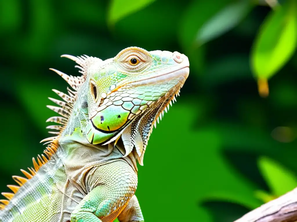 Exquisita iguana verde disfrutando de su dieta herbívora Una iguana verde vibrante disfrutando de una hoja en la luz del sol