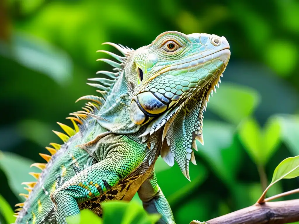 Una iguana verde vibrante disfrutando de una nutrición óptima con hojas verdes frescas en su entorno natural