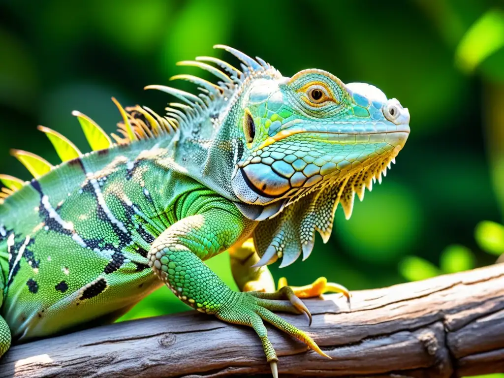 Una iguana verde vibrante posada en una rama, con escamas y patrones definidos