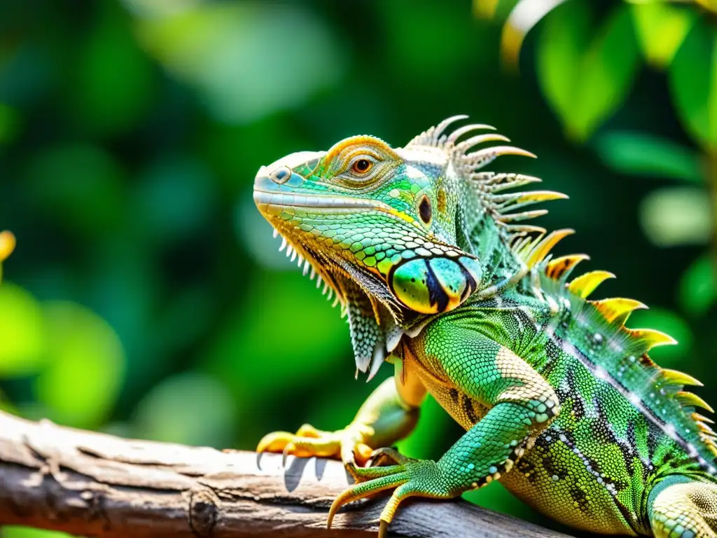 Una iguana verde vibrante posada en una rama, con escamas nítidas y textura, en un exuberante follaje tropical