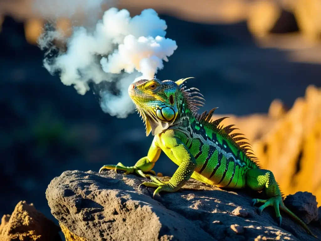 Una iguana verde vibrante posada en una formación rocosa volcánica, con vapor de fondo