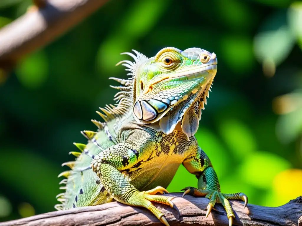 Una iguana verde vibrante se posa en una rama, mostrando sus escamas y garras