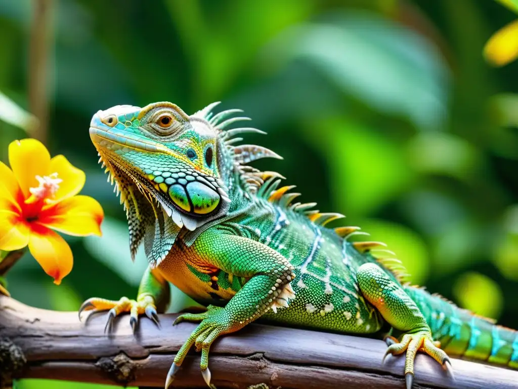 Una iguana verde vibrante descansando en una rama bajo el cálido sol, rodeada de exuberante vegetación tropical