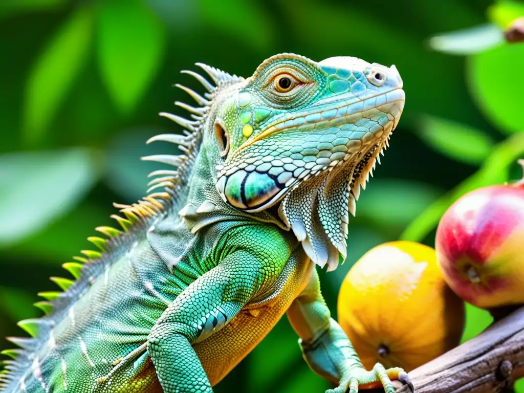 Una iguana verde vibrante se posa en una rama, rodeada de frutas y vegetales coloridos