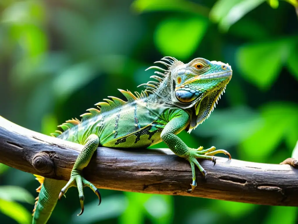 Una iguana verde vibrante descansa en una rama, en su hábitat natural de la exuberante selva tropical