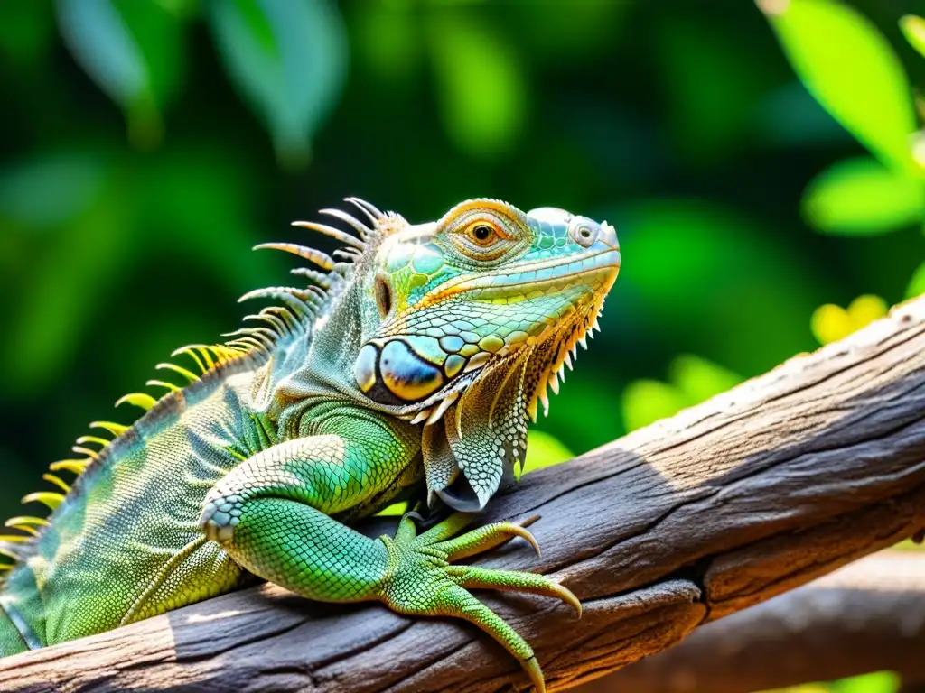 Una iguana verde vibrante descansa en una rama, mostrando sus escamas y patrones