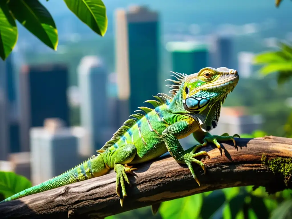 Un iguana verde vibrante descansa en una rama, destacando la fusión de reptiles exóticos en entornos urbanos