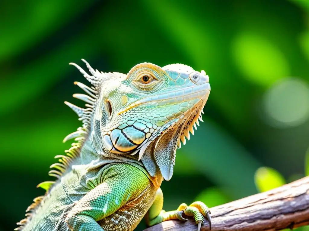 Una iguana verde vibrante descansa en una rama en su hábitat tropical mientras los suplementos vitamínicos para iguanas garantizan su vitalidad