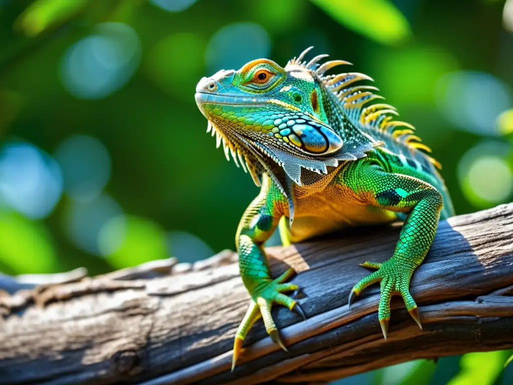 Una iguana verde vibrante se aferra a una rama de mangle, destacando la importancia de reptiles en manglares con su belleza natural