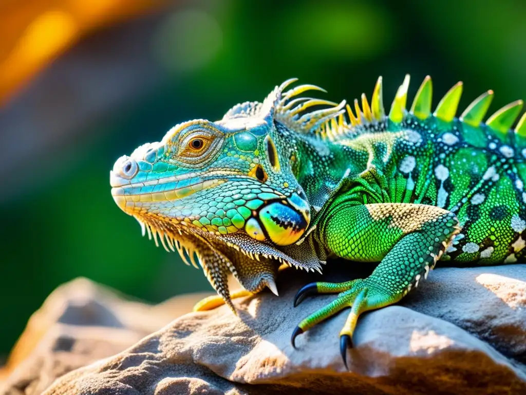 Una iguana verde vibrante descansa en una roca bajo una lámpara de calor, con sus escamas e intricados patrones claramente visibles