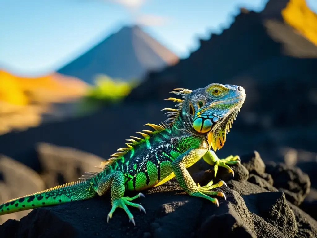 Un iguana verde vibrante descansa sobre rocas volcánicas, con fumarolas y un volcán al fondo