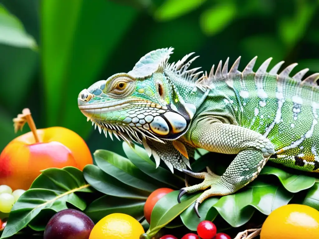 Una iguana verde vibrante disfruta de una variedad de alimentos en su terrario, resaltando la importancia del enriquecimiento alimentario en reptiles