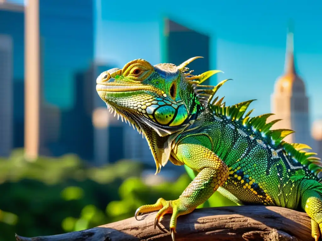 Una iguana vibrante en un entorno urbano, mostrando la conservación urbana de reptiles en la ciudad