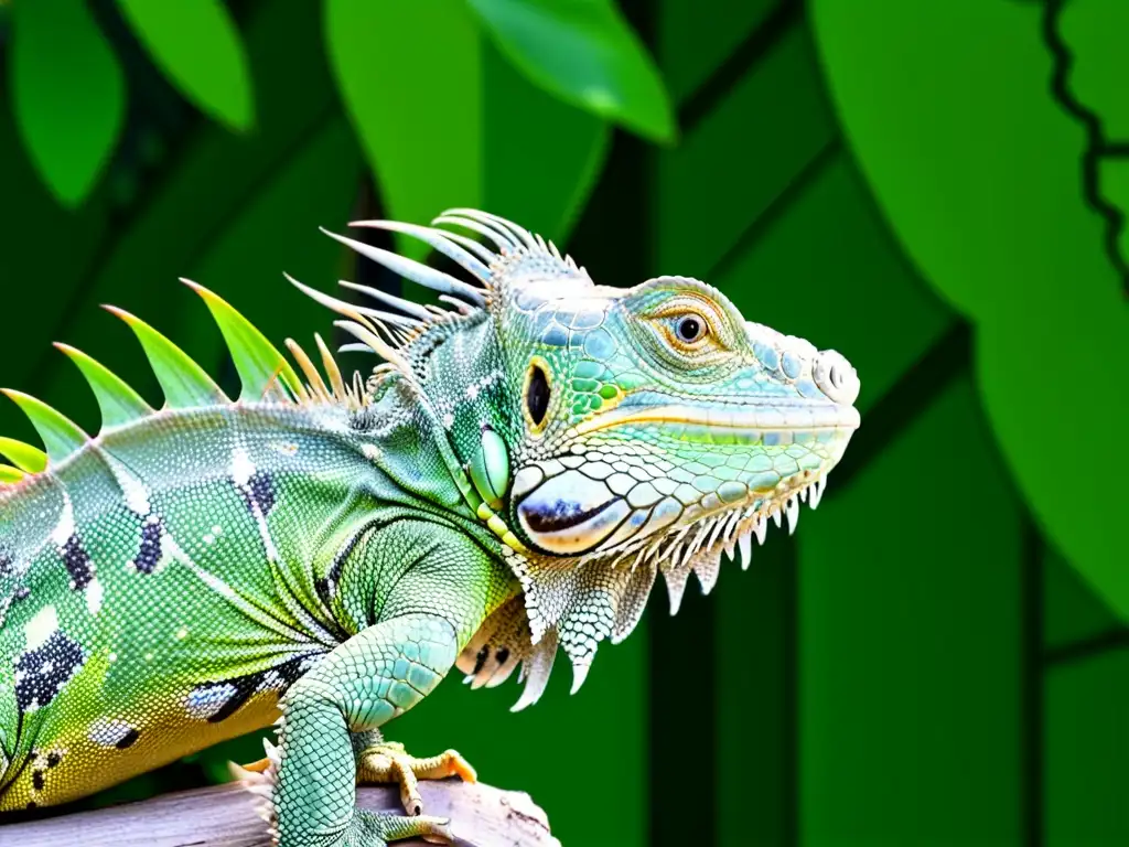 Una iguana vibrante descansa en un exuberante entorno tropical