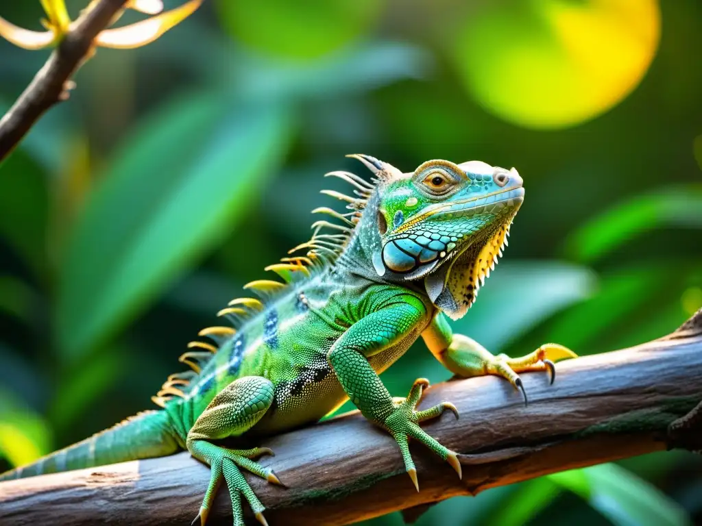 Imponente iguana verde en la selva tropical Una iguana vibrante se posa en una rama, bañada por la luz dorada en la selva tropical