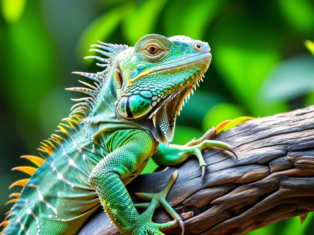 Una iguana vibrante descansa en una rama bajo el sol, rodeada de exuberante vegetación