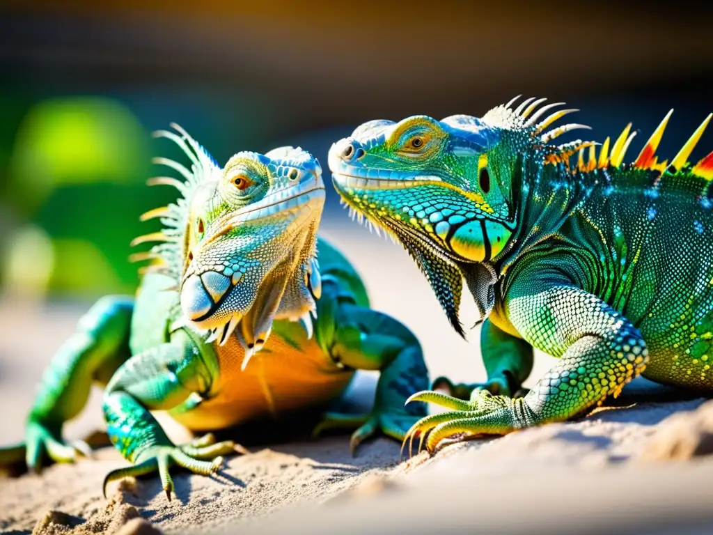 Dos iguanas macho luchan por la dominancia en la reproducción reptiliana, exhibiendo colores vibrantes y garras afiladas bajo el sol