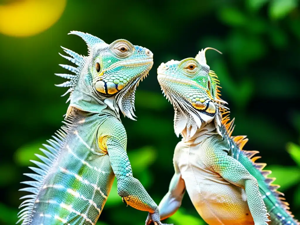 Dos iguanas macho en una exhibición de poder, mostrando sus colores vibrantes y musculosos cuerpos en un hábitat natural