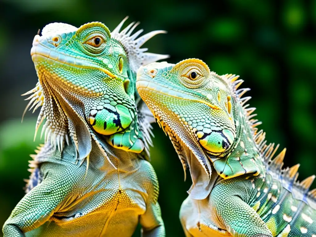 Dos iguanas macho en una exhibición de poder, con escamas iridiscentes y miradas intensas